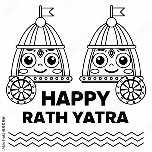 Happy rath yatra festival greeting with two cute cartoon chariots