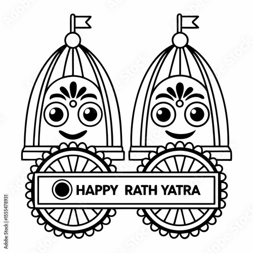 Cute cartoon rath yatra chariots with happy faces and flags celebrating the festival