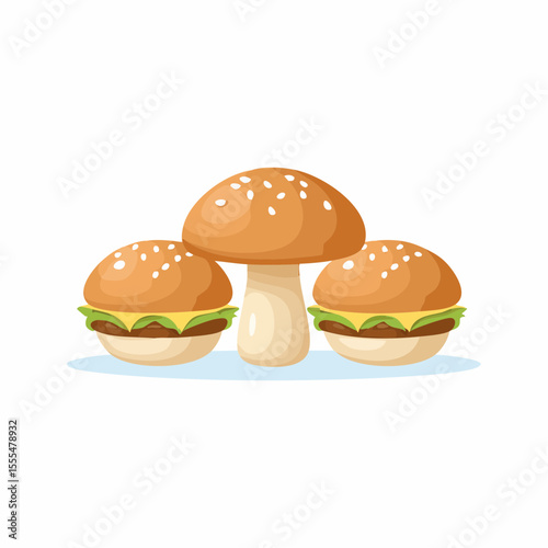 Cartoon Mushroom and Two Cheeseburgers with Lettuce and White Dots