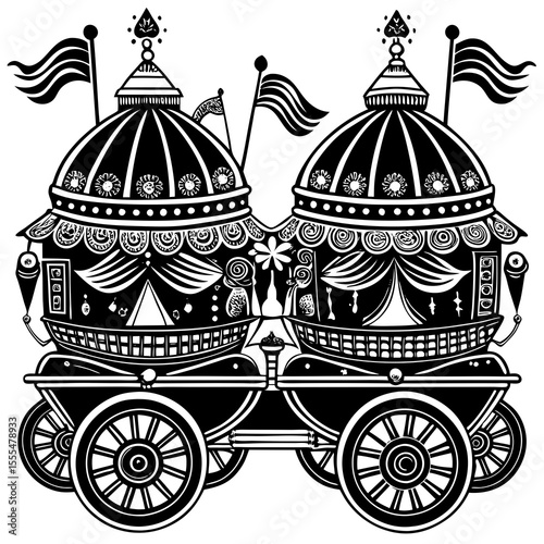 Ornate black and white double decker festival carriage with flags and decorative elements