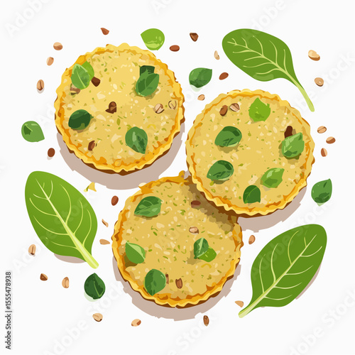 Three golden quinoa cakes topped with fresh basil leaves and scattered seeds