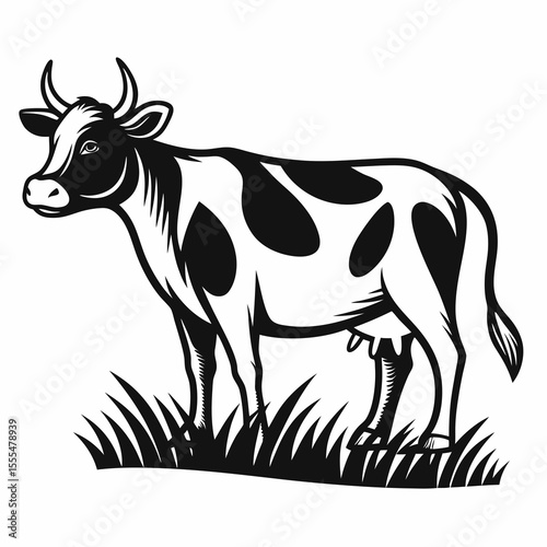 Black and white stylized illustration of a holstein cow standing in grass