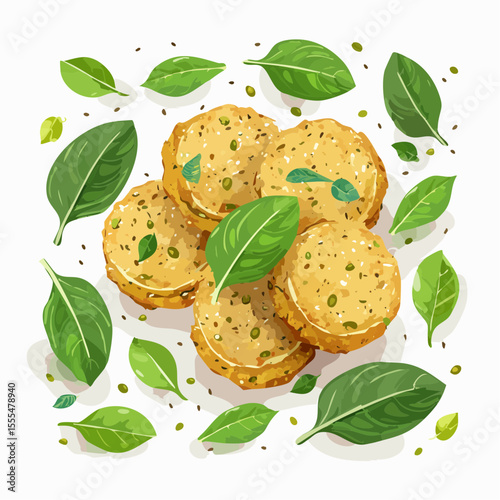 Golden chickpea fritters with fresh basil leaves, a vibrant culinary illustration