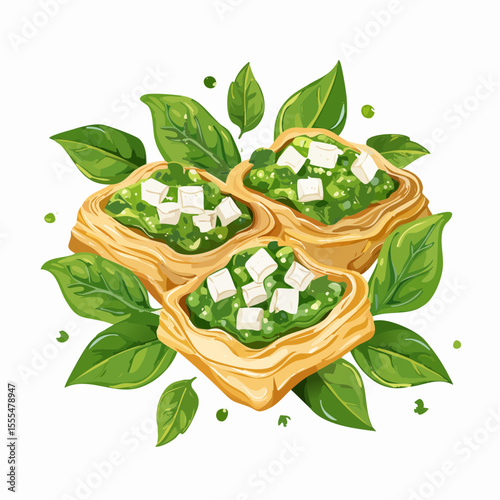 Three spinach and feta pastry squares surrounded by fresh green spinach leaves.