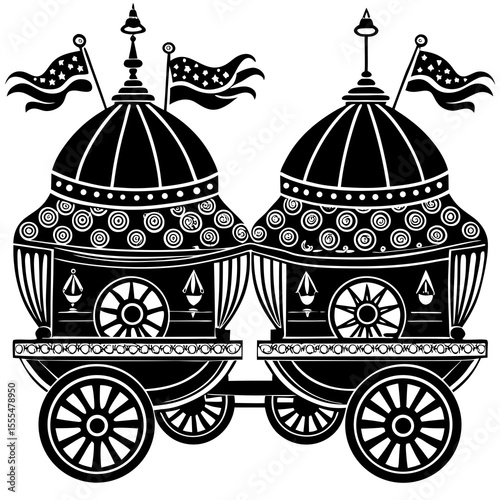 Ornate black and white illustration of a traditional indian wedding chariot
