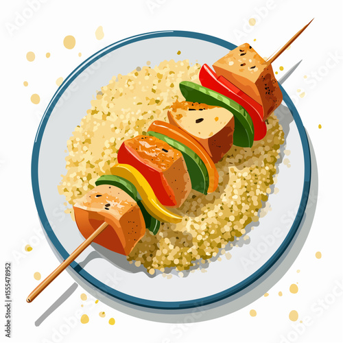 Colorful Tofu Skewer with Quinoa on a Blue Rimmed Plate, Artistic Illustration