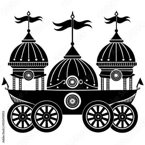 Ornate black silhouette of a vintage three domed carriage with flags