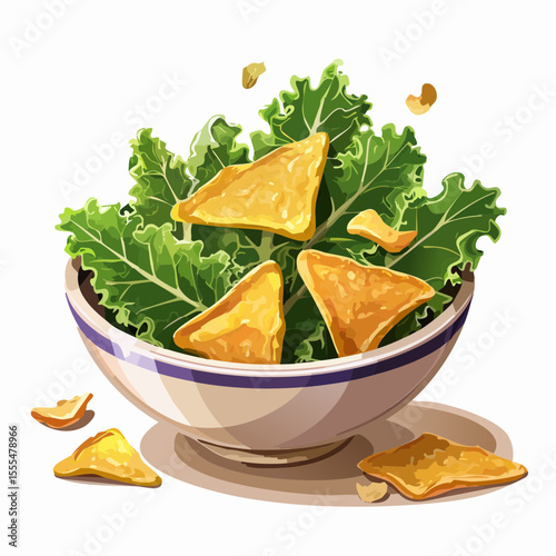 Fresh kale salad with crispy golden tortilla chips in a ceramic bowl