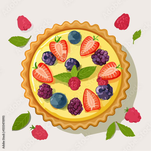 Delicious berry tart with strawberries, blueberries, raspberries, and blackberries