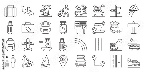 Solo Road Adventure set of web icons in line style. solo road adventure, solo road trip, travel alone by car and scenic drive alone. Vector illustration
