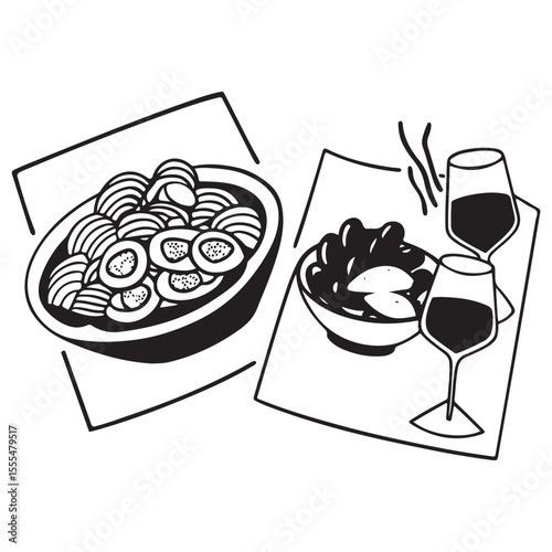 Hand drawn ink line food and wine or champagne drawings. 
Sketch style lunch or dinner Illustrations for wedding invitations, cafe or restaurant menus and parties.
