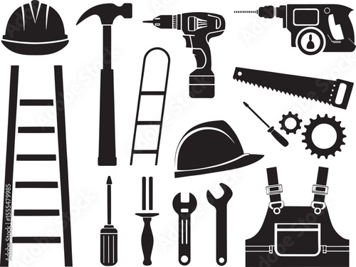 Complete Black and White Construction Tools and Gear Icons Set