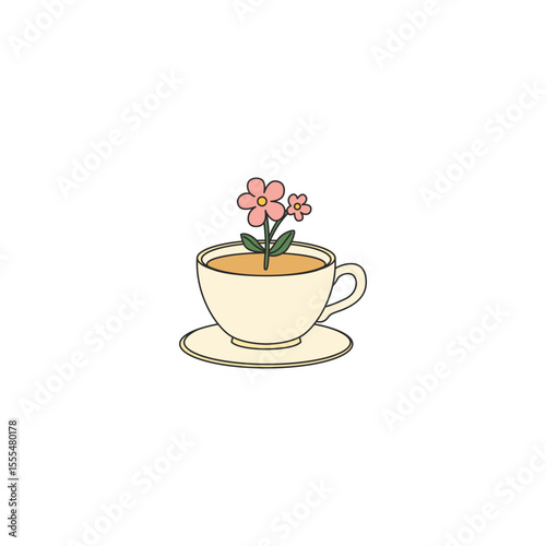 An icon of a small pink flower with green leaves emerging from a white teacup on a saucer, symbolizing gentleness, natural infusion, and a touch of floral elegance in everyday items.