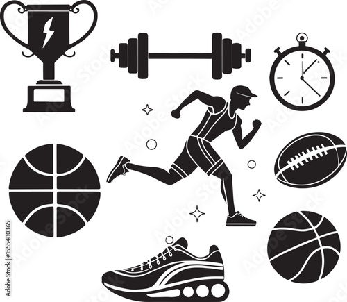 Comprehensive Black and White Sports and Fitness Icons Collection, Featuring Dumbbells, Running Shoes, Trophy, Basketballs, Running Athlete, Football, and Bicycle, Ideal for Sports-Related Designs and
