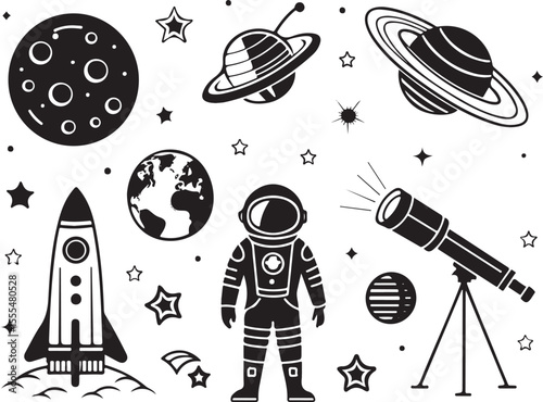 "Set of black and white space exploration icons featuring a rocket, astronaut, planets, telescope, and stars, perfect for educational or creative projects with a cosmic theme