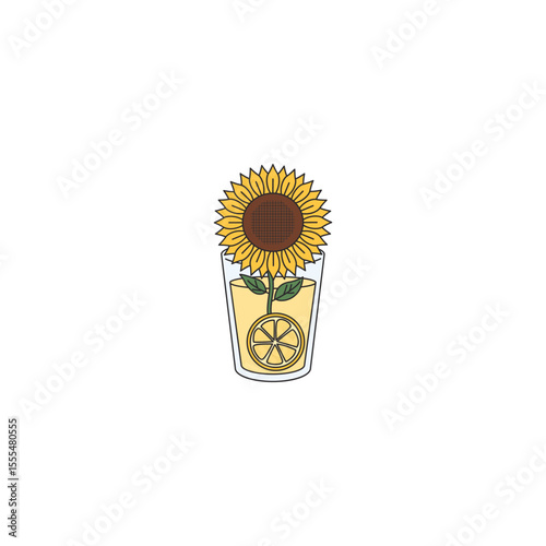 An icon of a sunflower with a lemon slice inside a glass of yellow liquid, symbolizing summer, freshness, natural sweetness, and a bright, refreshing drink.