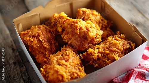 Fried chicken nuggets flying out of a box on red background