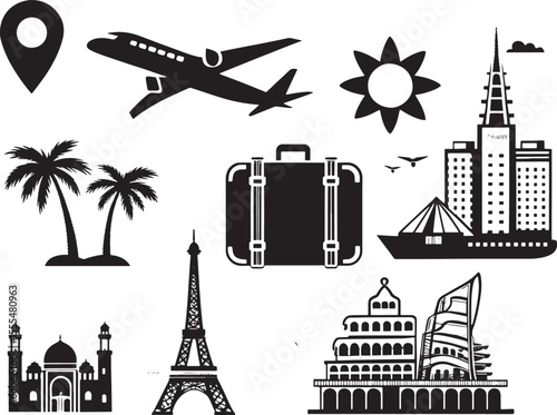 World Travel Collection: A set of iconic travel essentials, featuring an airplane, suitcase, landmarks, and a globe, inviting wanderlust and representing the spirit of adventure.