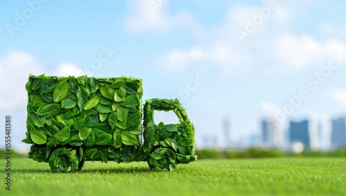 Eco Friendly Delivery Truck Shaped from Green Leaves on Lawn with Cityscape