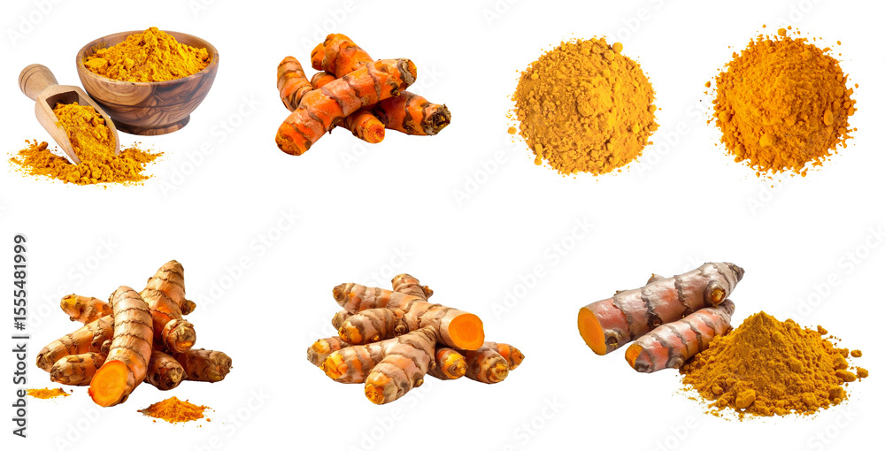 Fresh Turmeric Roots and Ground Turmeric Powder Isolated on Transparent Background Fresh Turmeric Roots and Ground Turmeric Powder Isolated on Transparent Background