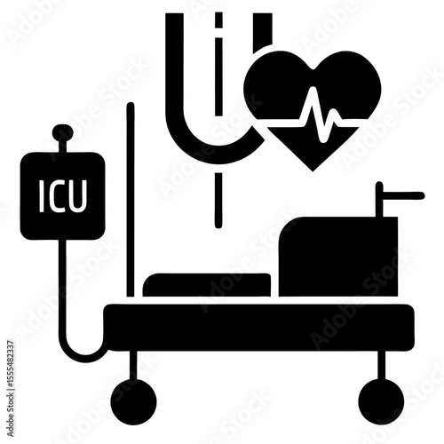 Critical care medicine. ICU. hospital ward black vector icon on white background.