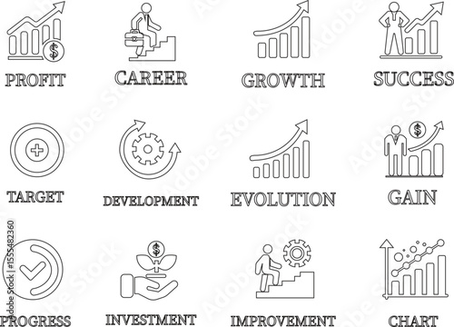 Growth line art icon set.Containing performance, gain, improvement, grow, chart, increase, evolution and development icon.Increase and Decrease Line Icon.Vector illustration.