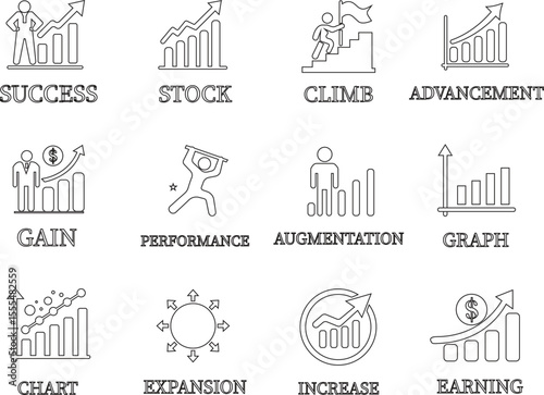 Growth line art icon set.Containing performance, gain, improvement, grow, chart, increase, evolution and development icon.Increase and Decrease Line Icon.Vector illustration.