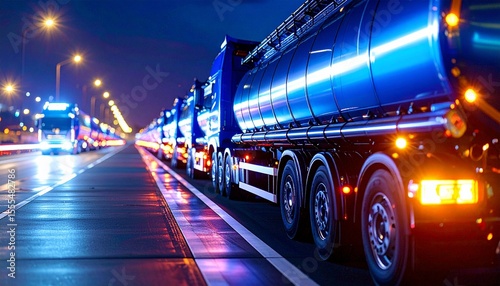 Night Convoy A Line of Tanker Trucks on a Highway at Night