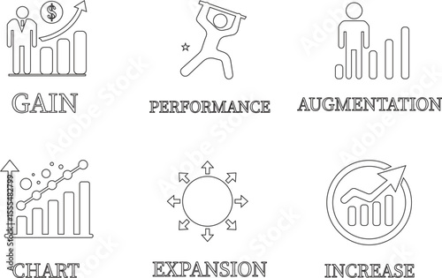 Growth line art icon set.Containing performance, gain, improvement, grow, chart, increase, evolution and development icon.Increase and Decrease Line Icon.Vector illustration.