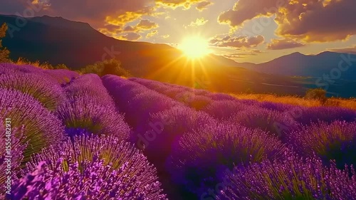 Lavender field at sunset with mountains