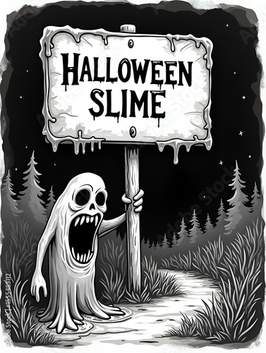 creepy slime halloween signboard. black and white detailed vector illustration