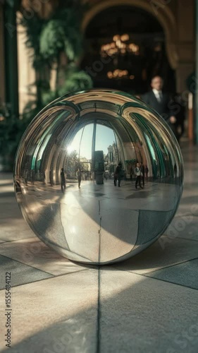 Round silver metallic sphere reflecting room and light