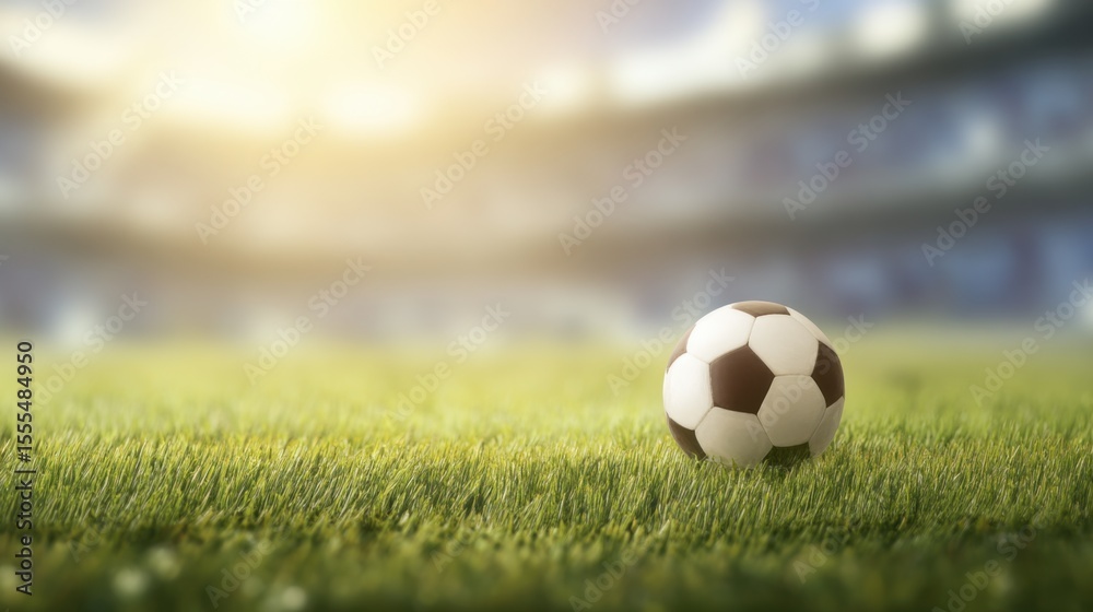 Fototapeta premium Classic black-and-white soccer ball on lush green grassy field with softly blurred stadium background, warm golden sunlight, and serene anticipatory atmosphere.