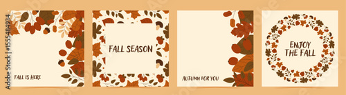 Set of cards with autumn design. Flat fall elements berries, leaves, acorn and more and text. Vector illustration