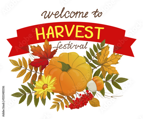 Decorative frame of autumn leaves, pumpkins, flowers and rowan berries. Decorative borders. Harvest festival banner, poster, postcard, booklet template. Vector hand drawn illustration