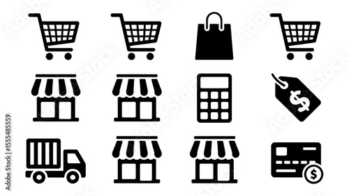 A collection of shopping icons including carts, bags, stores, and payment methods