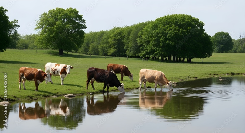 Obraz premium Wide Landscape View of Cows Grazing and Drinking at a Tranquil Pond with Reflections and Green Pasture Under Clear Sky