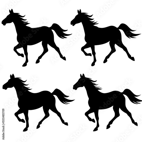Four black horse silhouettes galloping against a white background