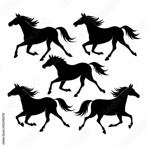 Collection of five black horse silhouettes galloping across a white background