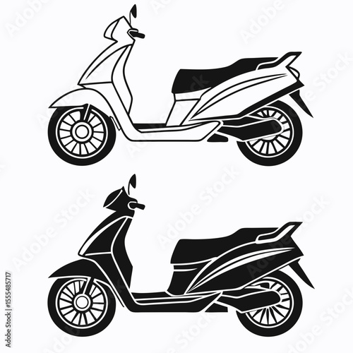 Two modern scooters shown in silhouette and outline on a white background
