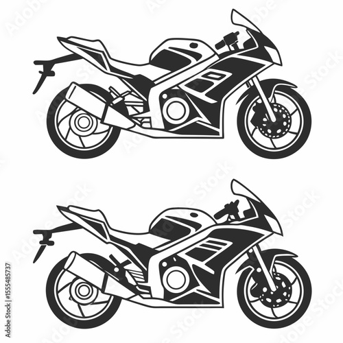 Two stylized black and white silhouette sport motorcycles side by side
