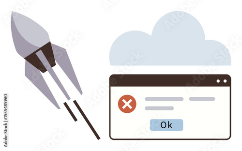 Rocket shooting upwards near error popup with cloud. Ideal for startup struggle, innovation, failure, troubleshooting, tech issues, progress barriers, resilience. A simple flat metaphor