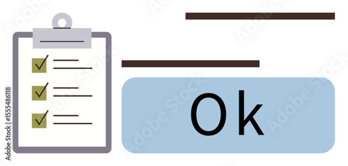 Clipboard with checkmarks indicating task completion, OK in a blue box. Ideal for productivity, task management, workflow, approval, organization, success evaluation. Simple flat metaphor