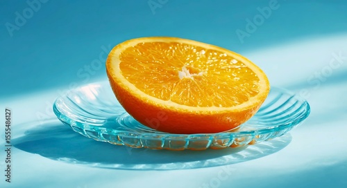 A vibrant half orange rests on a clear glass saucer casting a soft shadow on a bright blue background with dappled light