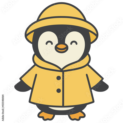 cute penguin wearing raincoat flat color vector illustration template design
