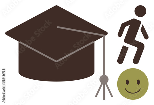 Graduation cap, figure climbing steps, and happy face communicate goals, progress, success, and positivity. Ideal for education, career growth, mentoring motivation self-improvement achievement