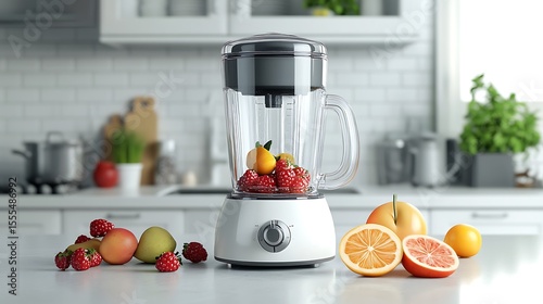 A clean kitchen counter with a high-quality blender in the center, some fruits cut beside it, white tiles in the background
