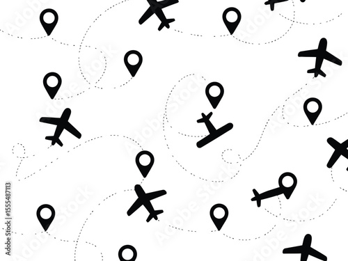 Airplane routes set. Plane route line. Planes dotted flight pathway. Plane paths. Aircraft tracking, planes, travel, map pins, location pins. Romantic travel, heart dashed line trace and plane routes.
