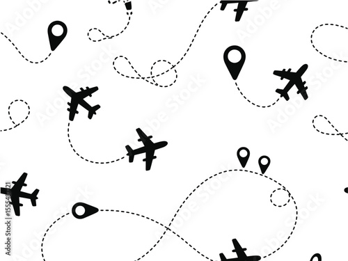 Airplane routes set. Plane route line. Planes dotted flight pathway. Plane paths. Aircraft tracking, planes, travel, map pins, location pins. Romantic travel, heart dashed line trace and plane routes.