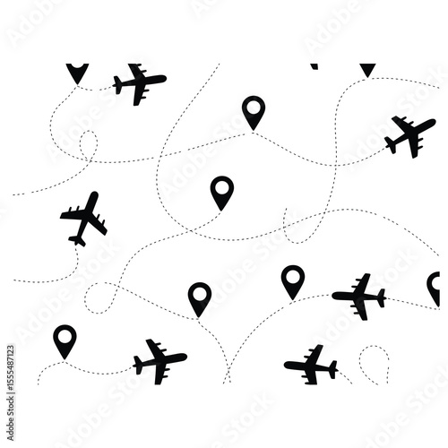 Airplane routes set. Plane route line. Planes dotted flight pathway. Plane paths. Aircraft tracking, planes, travel, map pins, location pins. Romantic travel, heart dashed line trace and plane routes.